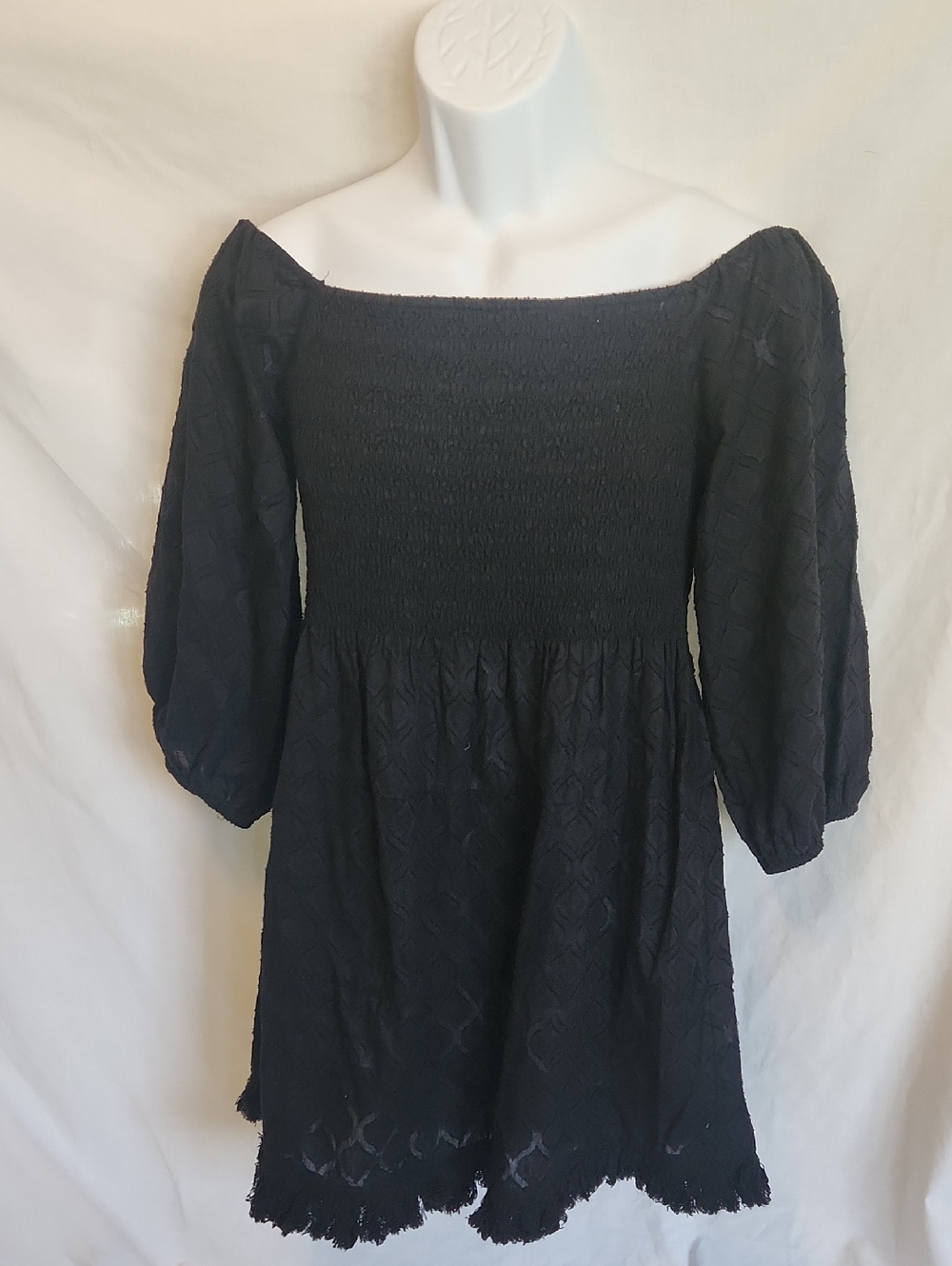 Black Off-Shoulder Smocked Mini Dress with Puff Sleeves